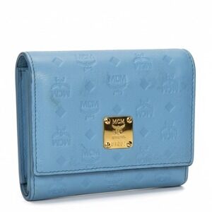 MCM Trifold Wallet Sky Blue Leather | Compact | Gold Logo | Authentic